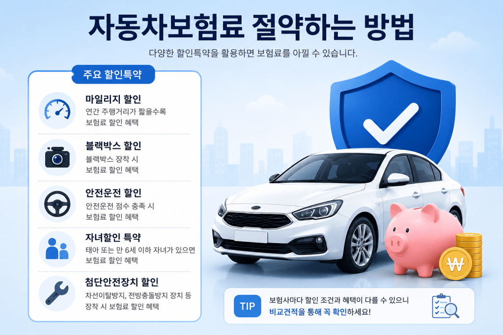 An infographic about auto insurance discounts in Korean, featuring various discount options such as mileage, black box, safe driving, child discounts, and safety device discounts, with a white car, a piggy bank, and gold coins in the design.