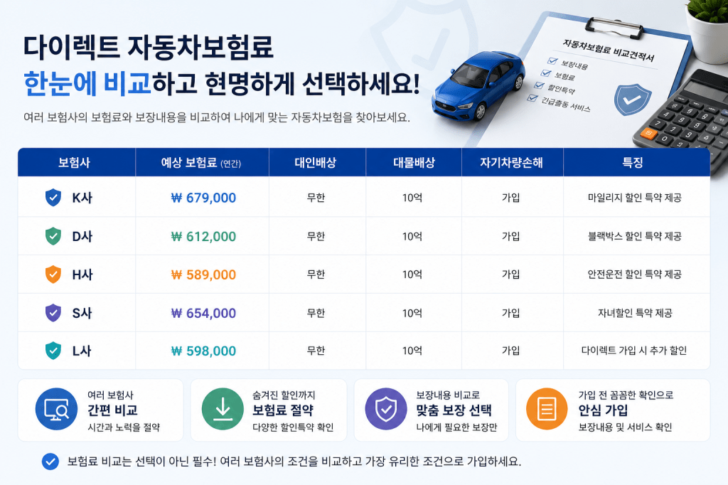 Table comparing car insurance options from various companies with estimated annual premiums, coverage details, and special discounts.