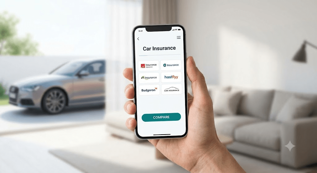 A person holding a smartphone displaying a car insurance comparison app, with a modern car visible in the background and a stylish living room setting.