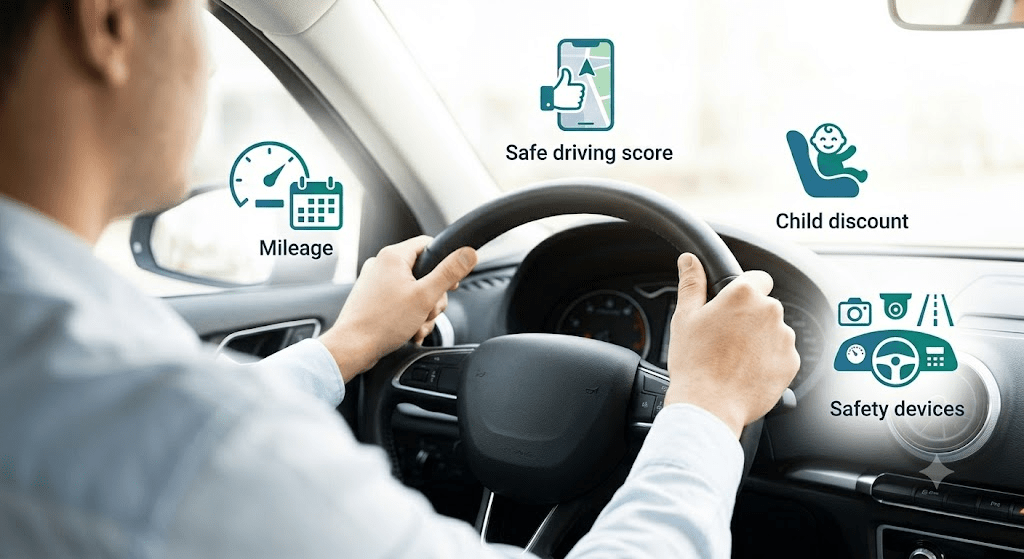A person driving a car, with icons around indicating mileage, safe driving score, child discount, and safety devices.
