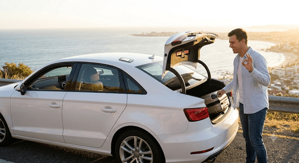 A man stands next to a white car with its trunk open, smiling and giving an OK gesture, against a scenic coastal background at sunset.
